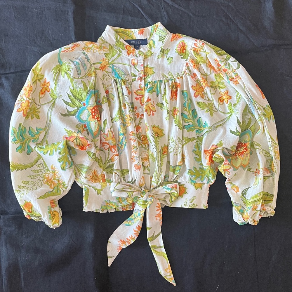 Rachel Roy Cropped Wide Sleeve Floral Print Tie-Front Blouse XS